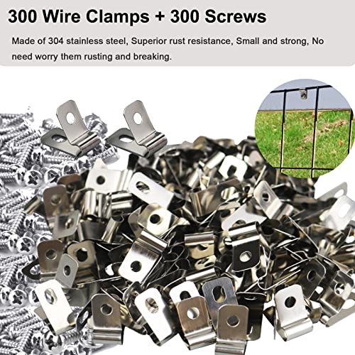 300 Pcs Fence Wire Clamps with 300 Pcs Screws, Stainless Steel Wire Clips Mount Welded Wire to Vinyl, Wood or Metal Fence (for 12-16 Gauge Wire Fencing) - size: 300 Pcs Clamps + 300 Pcs Screws