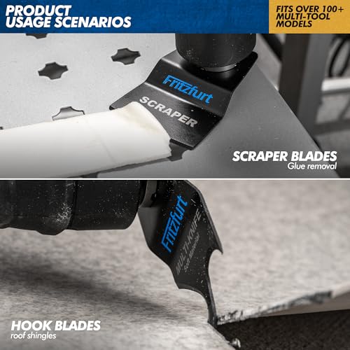 6PCS Oscillating Tool Blade Set - Titanium Bi-Metal Saw Blades + Scraper + Hook Knife for Soft Material, Universal Fit for Flooring Removal & Home Remodeling, 2 Adapters Included - size: 6pcs