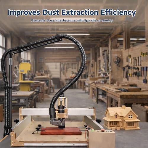 Dust collection boom arm, Adjustable Clamp Mount Hose Holder with 360° Rotatable Swivel Head & Two 40cm Extension Arms for CNC Lathe Woodworking Table Saw Router Table Dust Collection System