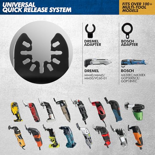 6PCS Oscillating Tool Blade Set - Titanium Bi-Metal Saw Blades + Scraper + Hook Knife for Soft Material, Universal Fit for Flooring Removal & Home Remodeling, 2 Adapters Included - size: 6pcs