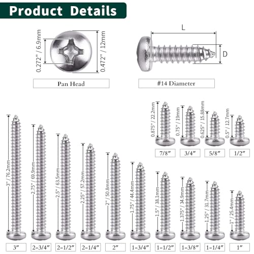 #14 x 1-1/2" Pan Head Sheet Metal Screws, 304 Stainless Steel 18-8, Phillips Drive, Self Tapping, Corrosion Resistant Screws for Wood Sheet Metal, Pack of 25 - size: #14 x 1-1/2"
