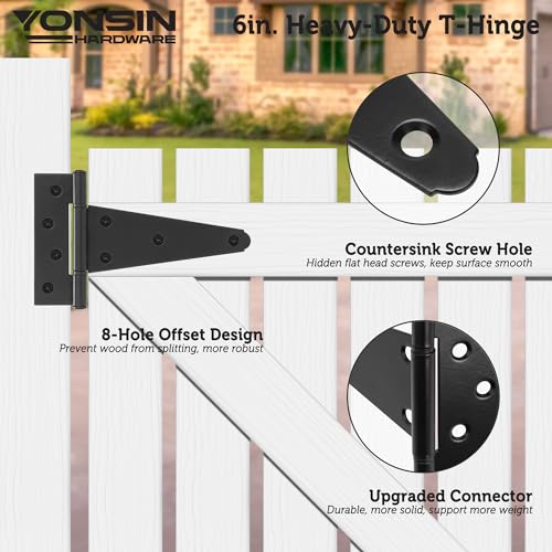 6" T-Strp Shed Door Hinges, 2 Pcs Switch Silently, Heavy Duty Black Tee Hings for Wooden Fence Gate, Outdoor T Hinges - size: 6 Inch