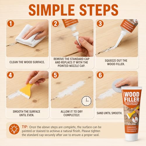 Wood Filler, 7.76 oz Paintable Wood Putty, Stainable, Shrink & Crack Resistant, Quick Repair for Cracks, Holes and Scratches on Wooden Furniture, Cabinets, Doors, Floors- Indoor & Outdoor(White)