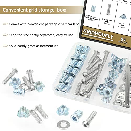 1/4-20 Threaded Inserts for Wood, T Nuts, Bolts With Button Head Socket Cap Screws (3/4", 1", 1/4"), Washers and Hex Wrench - 64 Pieces - size: 1/4"-20 Nut Bolt Assortment Kit, 64 Pieces