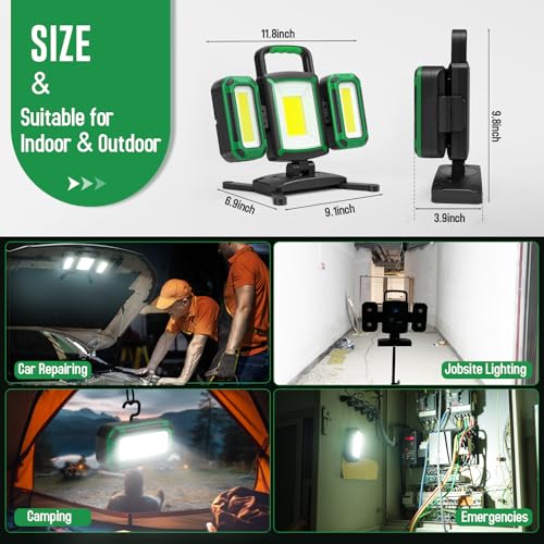50W 5000LM Rechargeable Work Light, 3-in-1 Magnetic Work Light with Detachable 2 Floodlights, 9 Modes, Foldable&360° Rotatable IP65 Portable LED Worklight with Hooks for Jobsite Garage Car Repairing