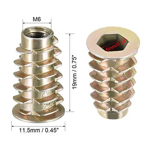 uxcell Furniture Threaded Insert Nuts Zinc Alloy M6 Internal Threads 19mm Length 20pcs - size: M6x19mm