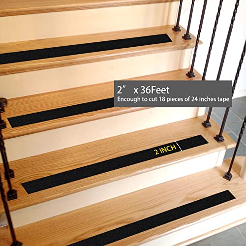 Grip Tape - Heavy Duty Anti Slip Tape, Grip Tape Grit Non Slip for Stairs Outdoor/Indoor, Waterproof High Traction Stairs Non Skid Treads, Durable Triple Layer Adhesive - Black (2 Inch x 36 Feet) - size: 2 Inch x 36 Feet