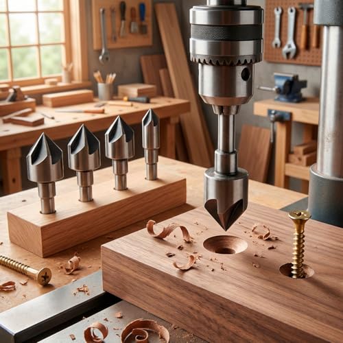 QWORK Countersink Drill Bit Set, 5 Pcs 82 Degree M2 HSS Wood and Metal Bits with 1/4 Inch Tri-Flat Shank, Heavy Duty Five-Flute Design for Smooth Boring in Plastic and Soft Steel