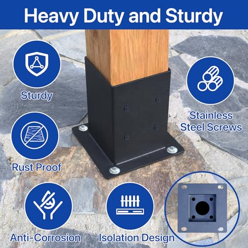 4x4 Post Base 2Pcs(Inner Size 3.55"x 3.55") Concrete Post Brackets Anchors 13 Gauge Thick Solid Steel Heavy Duty Stainless Steel Screws Black Powder Coated for Wood,Pergola,Decking,Railing - size: 4x4