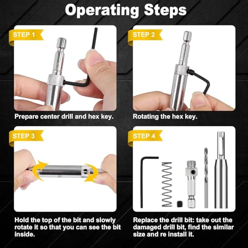 4 Pics Self Centering Drill Bit Set,Doors Windows HSS Self Centering Hinge Tool Cabinet Tool Set Woodworking Countersink Drill Bit Extension Tools,1/4 Inch Hex Shank