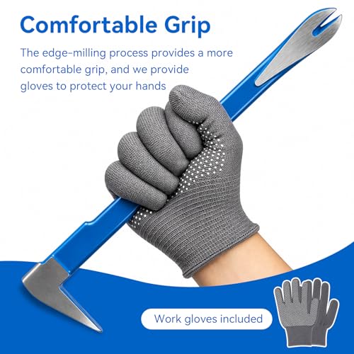 4 Pcs Pry Bar Set, 12" Cats Paw Nail Puller, 10" & 7.5" Flat Pry Bars, 8" End Cutting Pliers, Utility Wonder Crowbar, Nail Remover Tool for Prying, Scraping, Lifting, Pulling, with Gloves