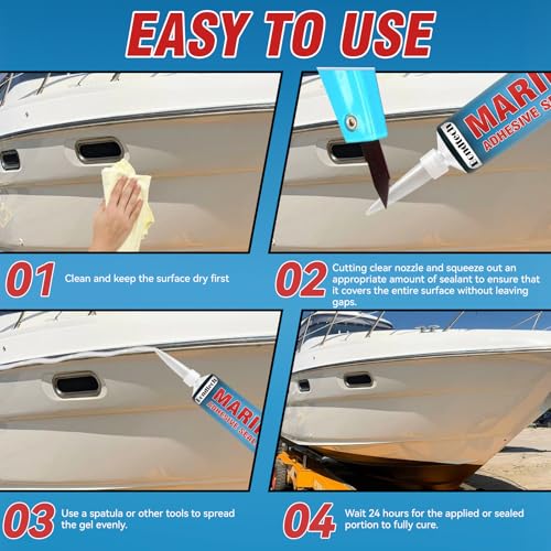 3.38 oz Marine Sealant White, Marine Adhesive Permanent, Silicone Sealant High Strength, Watertight Bonding and Sealing, UV Resistant, Fast Cure, Above & Below Waterline