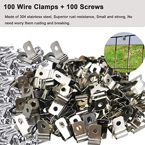 100 Pcs Fence Wire Clamps with 100 Pcs Screws for 2-6 Gauge Wire Fencing, Stainless Steel Wire Clips Mount Welded Wire to Vinyl, Wood or Metal Fence - size: 100 Pcs Clamps + 100 Pcs Screws (Pack of 1)
