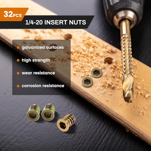 34 Sets 1/4-20 X 3/4" Furniture Screw Nut Threaded Inserts for Wood, Includes Hex Spanner, Perfect for Wood Threaded Insert and Nut Fasteners