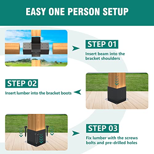 2 Pack Pergola Brackets 4x4 Pergola Kit 4-Way T Brackets Corner Bracket/ Gazebo Kit Post Base for 4x4'' (Actual 3.5x3.5 in) Wooden Beams Lumber Gazebos Patio Pergola Sheds - size: 2P 4-Way Bracket +1P Base