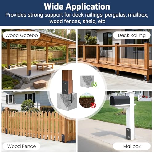 U Shape 6"x6" (Actual 5.6x5.6) Post Base Wet Concrete Fence Bracket Heavy Duty Stainless Steel Deck Railing Wood Fence Sheds Porch Flange Pergola Mailbox Ground Holders Support, 4pk black