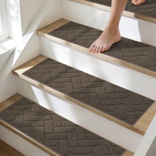 BEQHAUSE Non Slip Stair Treads for Wooden Steps 28" x 9", 4pcs, Brown - color: Brown - Geometric, size: 28 in X 9 in (4 Pieces)
