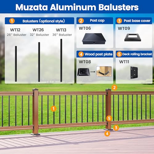 Muzata 4Pack Adjustable Post Base Brackets Deck Post Anchor Fit for Deck Railing Mailbox WT32 Bundle with 50Pack 32" Aluminum Deck Balusters Square Black for Wood and Composite Deck WT26