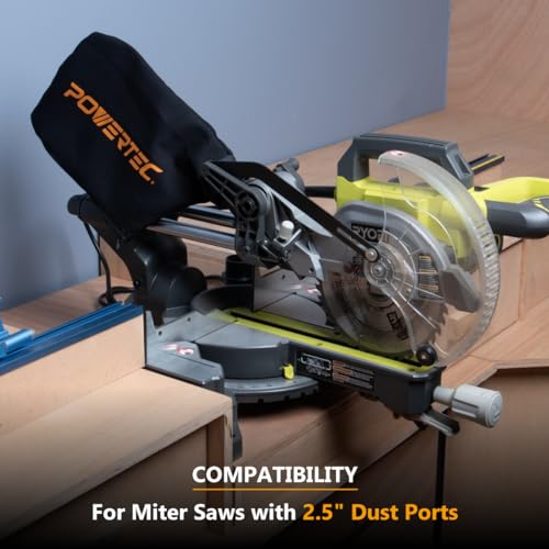 POWERTEC Miter Saw Dust Collector Bag for 10", 12" Miter Saw, Fits Nominal 2-1/2" Dust Ports, Hook and Loop Dust Bag w/Zipper and Wired Adjustable Stand for Belt Sander (75075) - style: 2-1/2" Dust Ports, Miter Saw Dust Bag, 1PK