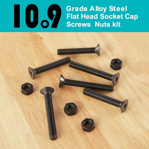 M8 x 10mm 20mm 30mm 40mm, Flat Head Hex Socket Cap Screws Bolts, Countersunk Bolts and Nuts, 10.9 Grade Alloy Steel, Black Oxide, Metric Allen Drive, Fully Thread, Assortment Kit 48PCS - size: M8x10-40mm+Nuts