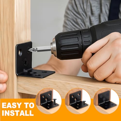 24PCS Stainless Steel L Brackets, Heavy Duty Corner Braces for Wood Furniture & Shelves, 5-Size Black Metal Angle Brackets with Screws(0.79/1.2/1.4/1.57/1.97inch) - size: 100PCS 5 Sizes L Brackets-Black