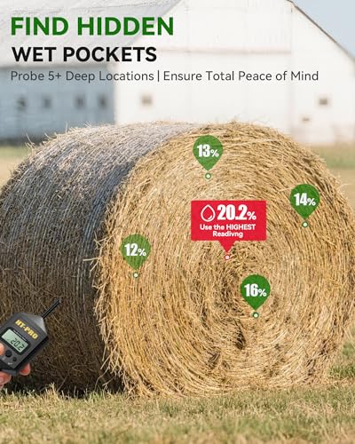 Hay Moisture Tester with 20" Reinforced Probe, Digital Hay Moisture Meter with Temperature Reading for Alfalfa, Hay Bales, Square and Round Bales, Carry Bag Included,Black
