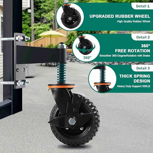 Heavy Duty 8" Gate Wheel with Brake,360° Spring Shock Absorbing Fence Wheel for Metal/Wooden Gates, 600LB Capacity, Rubber & Metal, Includes Screws & Wrenches, Black - style: 8inch-1pack