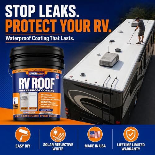 Everbond RV Roof Waterproof Sealant - Solar Reflective Weatherproof Coating for Trailers, Campers, Roof and Leak Repairs - Easy Application, Indoor & Outdoor Use - White, 4.75 Gallon Bucket - style: 4.75 gallons