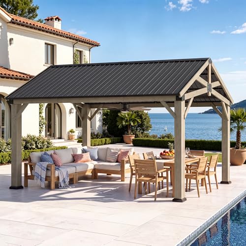 Aoxun 12' x 16' Wood Gazebo with Galvanized Steel Gable Roof, Gray - color: Taupe Gray, size: 12' x 16'