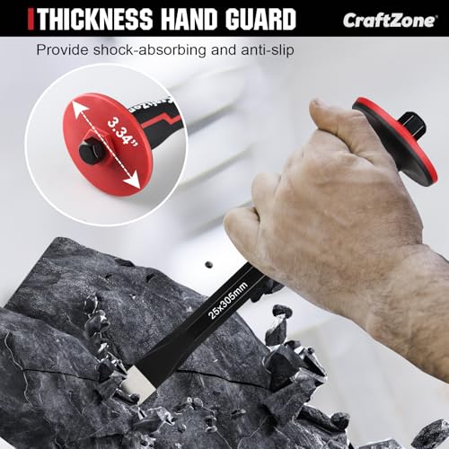 Masonry Chisel, Heavy Duty Flat End Rock Concrete Mortar Stone Brick Chisel with Protective Hand Guard for Breaking Carving Splitting Cutting Mason Tools (12-Inch) - size: 12in
