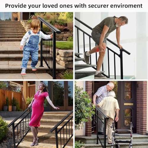 Upgrade 2 in 1 3 Step Stair&Horizontal Handrails, Adjustable 40"x38" Stair Railing Kits, Black Wrought Iron Hand Rails for Outdoor Steps,Concrete Step, Porch Railing, with Installation Kit - size: 3 Steps, style: Fence