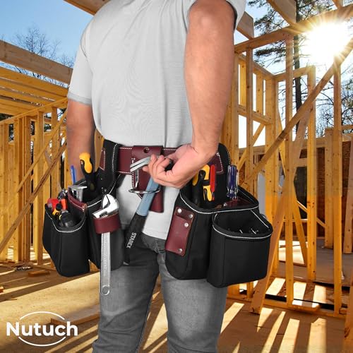 Nylon and Leather Tool Belt | Nylon Tool Pouch | Carpenter | Construction | Framers | Electrician Tool Belts | Drywall Tool Bags (BLACK)