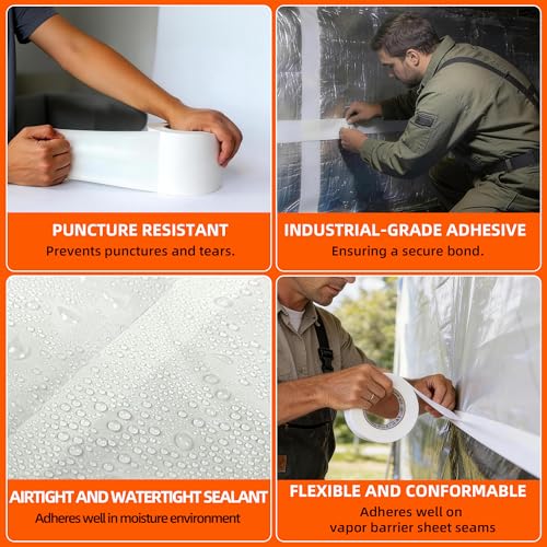 Vapor Barrier Tape, 4" x 180', 9 Mil Heavy Duty White Crawl Space Seal Tape - size: 1 ROLL