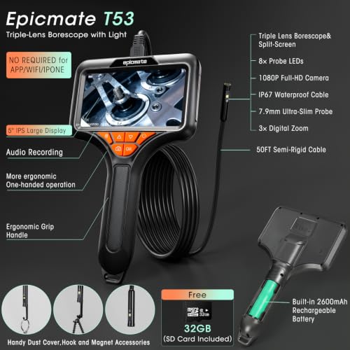 5" Triple Lens Handheld Endoscope Camera with Light