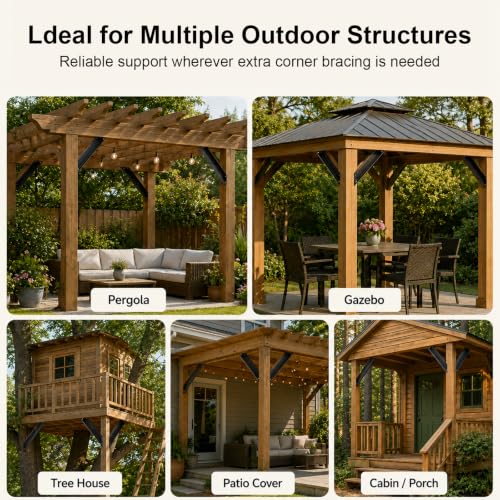 2 Pcs 45 Degree Angle Support Brackets, Heavy Duty Connector Brace for 4x4 Wood Posts and Beams, Black Powder-Coated Steel Corner Joint for Pergola, Gazebo, Tree House, Patio & Cabin