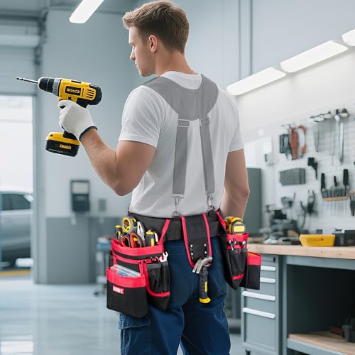 Tool Belt with 4 D-Rings,27-Pockets Tool Belts for Men,Construction - color: Red & Black, size: 27 Pockets