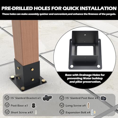 Pergola Kit with Brackets, 15°Slanted Roof Pergola Bracket Kit, Roof Wall Mount Extension Bracket Kit 4-Way Brackets for Pergolas,Log Cabin Outdoor Pergola 4"x 4" (Actual 3.5" X 3.5") Lumber - color: 1PC 15° 4-Way+1PC 15° Post+1PC Post