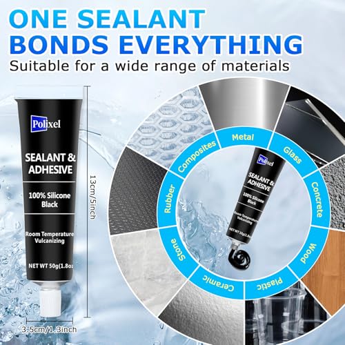Black RTV Silicone Sealant Adhesive, 100% Silicone Caulk, All-Purpose Waterproof Sealant for Car, Window, Bathroom, Kitchen, Shrink & Crack Proof High Bond Strength Adhesive – 1.8oz / 50g - color: Black