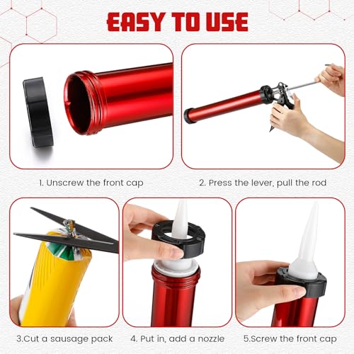 Lasnten 2 Pack Sausage Caulking Gun with 4 Cone Nozzles, Red - color: Red
