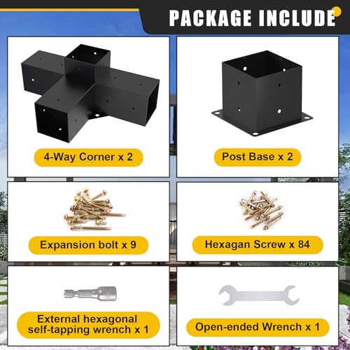 4x4 Woodworks Pergola Brackets Kit, 4-Way Corner Extension Brackets, Black Powder Coated, 4x4 Metal Brackets for Wood Beams, Fence and Carport (Actual: 3.5""x3.5""), TK00062-3T2P - size: 4PCS 4-Way 4*4 SET