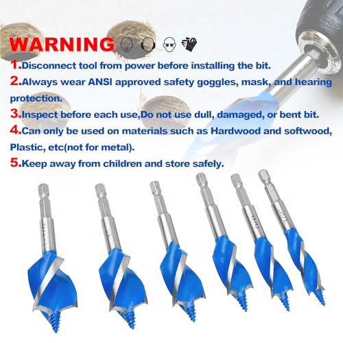 6Pcs Auger Drill Bit Set for Wood, 1/2", 5/8", 3/4", 7/8", 1"& 1-1/8" Size