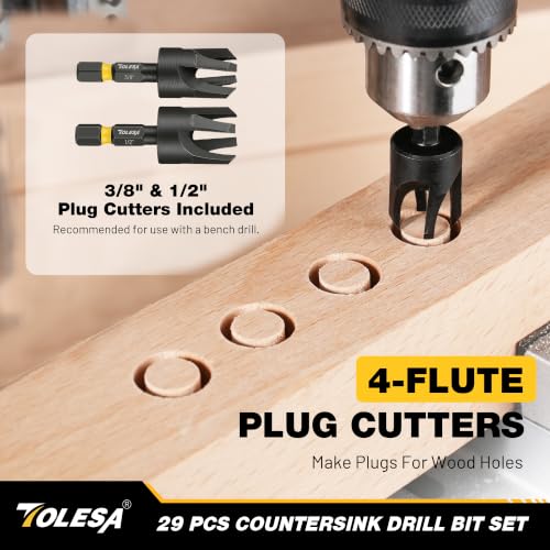 TOLESA Drill Bit Set, 105PCS Titanium Coated HSS Drill Bits with 29PCS Wood Countersink Bits, Plug Cutters, Screwdriver Bits & Organizer Case