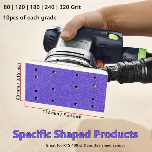 FOWOK 3" x 5" 50Pcs Sandpaper for Festool Sander with 2Pcs Foam Sanding Pad - style: Purple-50+2