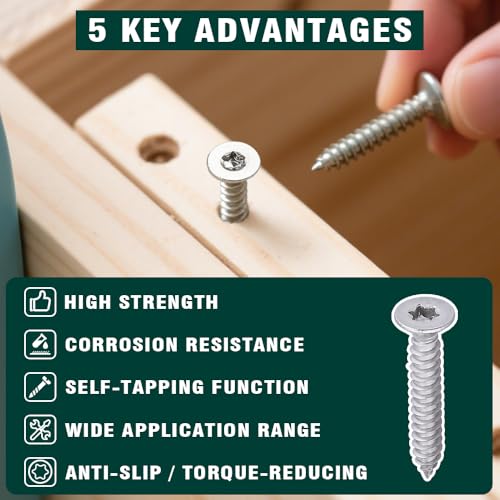 #8 x 3/8" Flat Head Torx Drive Self Tapping Screws for Wood and Sheet Metal, 304 Stainless Steel 18-8, Corrosion Resistant Countersunk Star Drive Head Screws, Pack of 100 - size: #8 x 3/8"