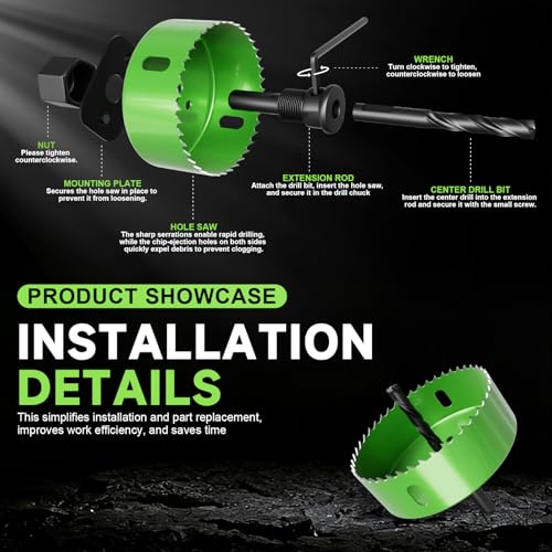 9 Piece Hole Saw Set - High Carbon Steel 25-54mm (1" to 2-1/8") Blades for Drywall, Softwood, Plastic, and PVC; Professional Grade with Instant Support - size: 9PCS(1"to 2-1/8"/25-54mm)