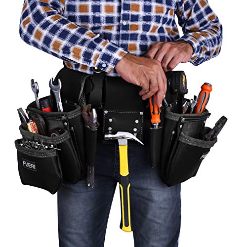 FUERI Construction Tool Belt Tool Rig for Men & Women, Leather Utility Belt Organizer with 17 Pockets, Full-Grain Leather, Double stitching and rivet reinforcement. - color: Black Tool Belt