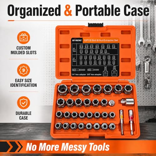 33 PCS Bolt Extractor Set, 3/8" & 1/4" Drive Impact Bolt & Lug Nut Remover - size: 33PCS