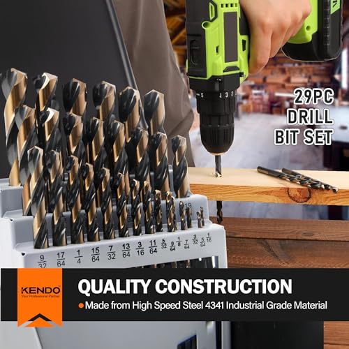 KENDO 29PC Drill Bit Set, 1/16"-1/2" Size 135° Tip HSS with Black and Gold Finish with Storage Case, Twist Jobber Length Drill Bit Kit for Cast Iron, Hardened Metal, Stainless Steel, Plastic and Wood - style: 29 pcs Black and Gold
