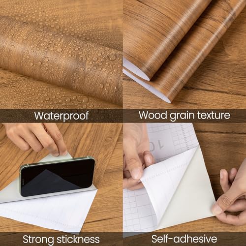 COSNIGHT Wood Grain Contact Paper with Tools, Peel and Stick Wallpaper - color: Medium brown, size: 15.7" x 393"