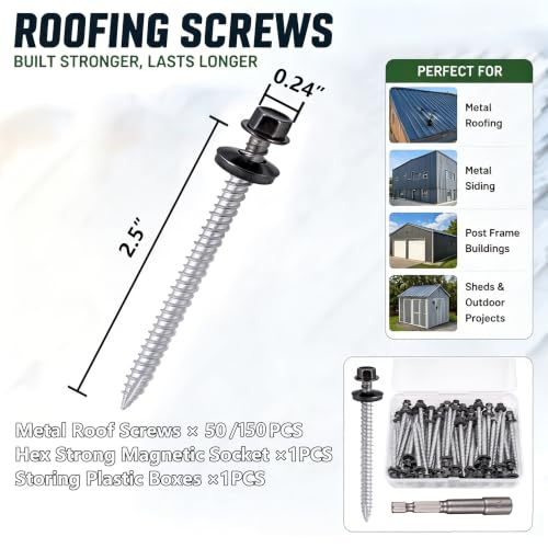 150Pcs Metal Roofing Screws #10x2-1/2 Waterproof Screws for Roof Repair - size: #10x2-1/2"